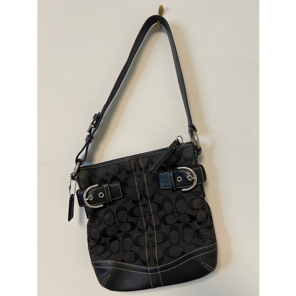 Coach Shoulder Bag Womens Small Brown Pre-owned Signature C Buckle Jacquard